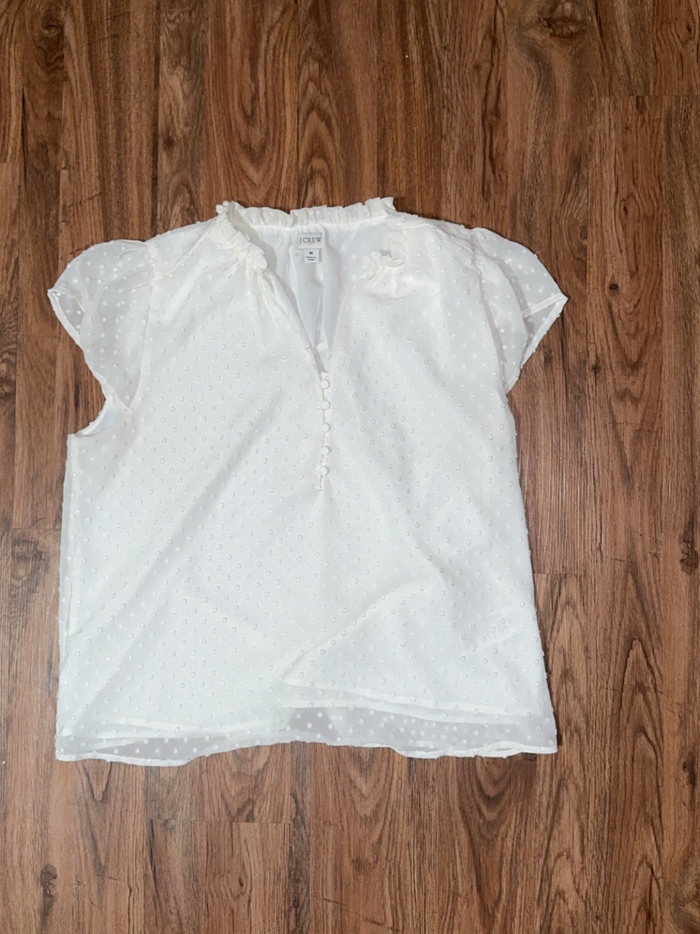 J. Crew White Swiss Dot Button-Front Ruffle Blouse